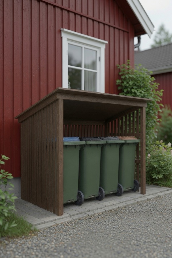 Roverk Skjul mot falurød husvegg